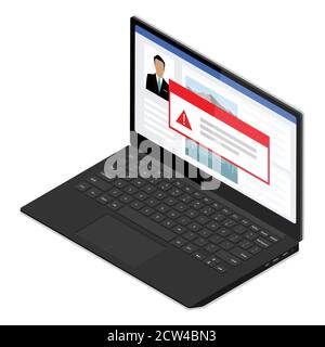 Window operating system error warning on laptop screen. Isometric view. Vector Stock Vector