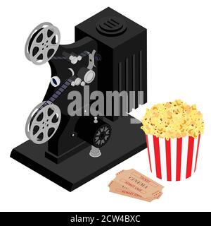 Cinema movie concept. Retro cinema projector, popcorn and tickets. Isometric view. Vector Stock Vector