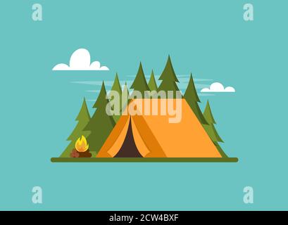 Orange tent in forest. Tent, forest and fire. Banner, poster for Climbing, hiking, trakking sport, adventure tourism, travel, backpacking. Simple flat Stock Vector