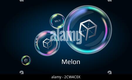 Melon MLN token symbol in soap bubble, coin DeFi project decentralized finance. The financial pyramid will burst soon and destroyed. Vector EPS10. Stock Vector