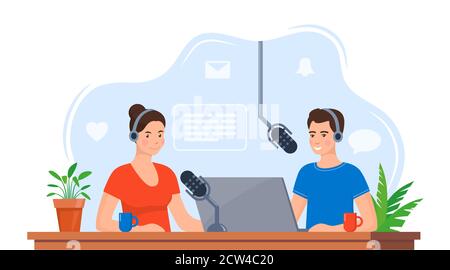 People recording podcast in studio. Radio host interviewing guest on radio station. Man and woman in headphones talking. Broadcasting. Vector illustra Stock Vector