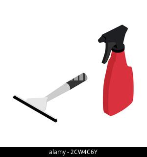 Vector illustration red rubber window glass squeegee, cleaner and bottle with spray. Cleaning supplies Stock Vector
