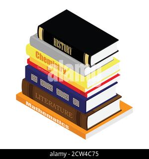 Education concept. Stack of school books. Literature, geometry, mathematics and history. Isometric view. Vector Stock Vector