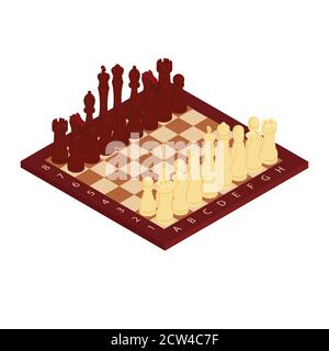 Chess moves with an isometric arrangement of pieces on a wooden