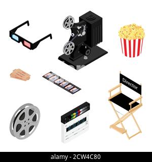 Cinema icons set. Movie industry objects. Colorful cinema illustrations isolated on white. Design elements for movie theater. Vector Stock Vector