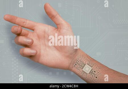 Male Hand With Integrated Microchip Circuit Over Gray Background, Collage Stock Photo