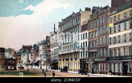 A historical view of Gambetta Wharf in Boulogne, Pas-de-Calais, France, taken from a postcard c.1900's. Stock Photo