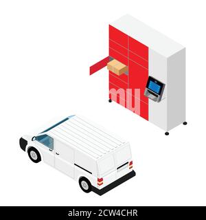 Parcel delivery station and van. Self service modern mass production standard city terminal from which customers can pick up and ship mails and packag Stock Vector