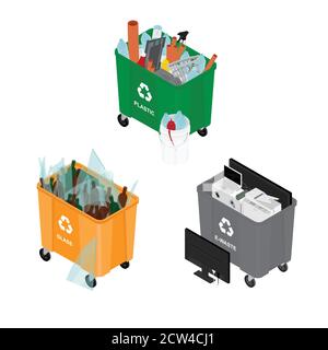 Trash in garbage cans with sorted garbage vector icons. Recycling garbage separation collection and recycled isolated on white background Stock Vector