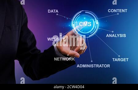 Content management system, webpage optimization. Database administrator pressing CMS button on screen. Collage Stock Photo
