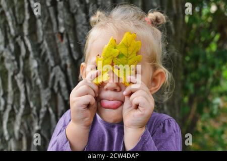 Happy cute baby girl playing with leaves outdoors. Autumn portrait of a beautiful child. Moments of childhood. Shows tongue to camera Stock Photo