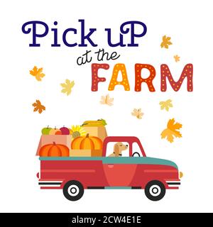 Red Farm truck with pumpkins flat color vector Stock Vector