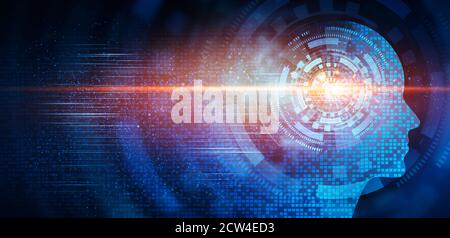 Human Head With Digital Brain Over Blue Background, AI Collage Stock Photo