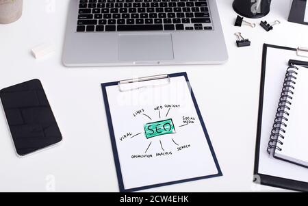 Seo Scheme On Paper Sheet Lying Near Laptop, White Background Stock Photo