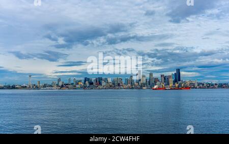 Clouds hover of the the Seattle skyline in Washington State. Stock Photo