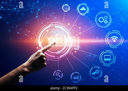 Hand Pressing Seo Keyword On Virtual Panel, Blue Background, Collage Stock Photo