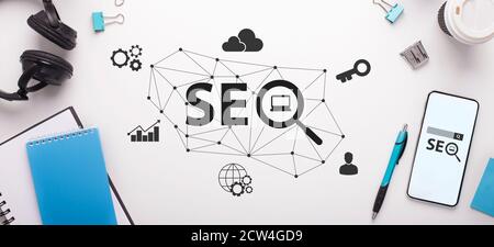 Seo Scheme With Icons Over White Office Desk, Panorama, Collage Stock Photo