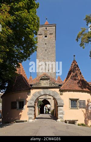 Burgturm (Castle Tower) and Burgtor (castle gate), old town, Rothenburg ob der Tauber, Middle Franconia, Bavaria, Germany Stock Photo