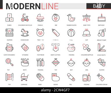 Baby care flat web icon vector illustration set. Red black thin line design of items symbol for newborn infant child, baby accessories, clothes and toys. Maternity and childhood outline collection Stock Vector