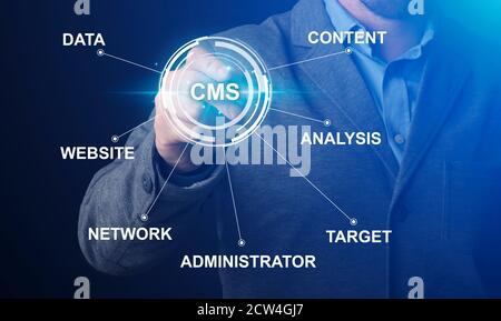 Content management system. Collage with IT manager pushing CMS button on imaginary screen with word cloud, panorama Stock Photo