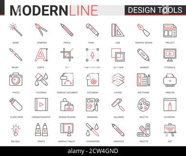 Art design tool flat thin red black line icons vector illustration set, outline professional creative artistic studio items collection of designer pictogram process equipment, interior repair supplies Stock Vector