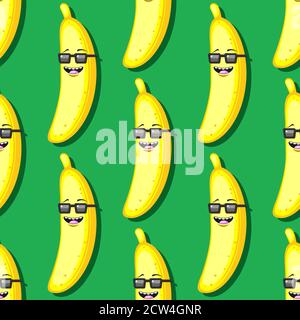 seamless cartoon banana pattern in sunglasses on green background. Vector image Stock Vector