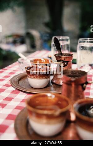 Traditional Turkish coffee in a Serbian restaurant. Stock Photo