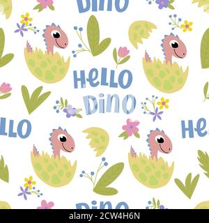 Seamless pattern on a white background with the image of pink baby dinosaurs in eggshell and the inscription -hello dino. For the design of wrapping Stock Vector