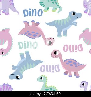 Seamless pattern on a white background with the image of cute, pink, blue, green dinosaurs and word - dino. For the design of prints for childrens Stock Vector