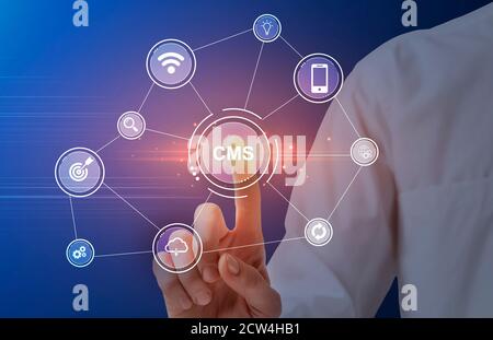 Content management system concept. IT administrator pressing CMS button on vrtual screen with computer icons. Collage Stock Photo