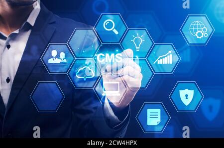 Content management system. Collage of SMM manager, computer icons and CMS button on transparent screen Stock Photo