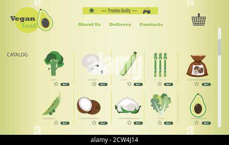 online store of vegan and vegetarian food. Flat illustration of the site with products and their delivery to the buyer s home. A smartphone app or website selling everything for a healthy lifestyle and nutrition. Ads on your hobby s home page and a delivery box on your laptop. Stock Vector