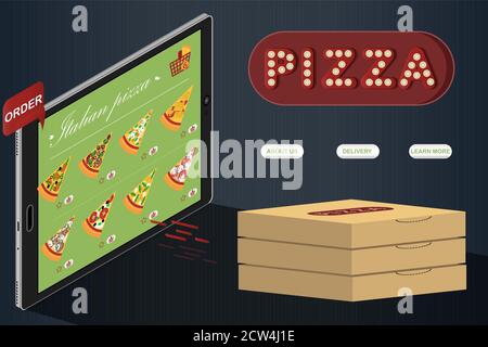 Tablet with a pizzeria website with food delivery to your home. Tablet in isometry with an app for buying pizza online. ads for fast food delivery. Many types of Italian pizza cheese, vegan, fish and meat in the online store when buying via a smartphone, website. Stock Vector