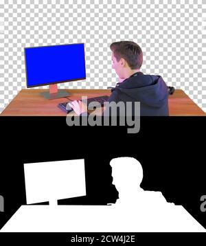 Gamer or hacker answering a phone call, Alpha Channel with Silho Stock Photo