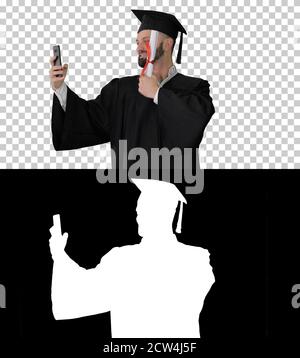 Excited graduate student taking a selfie, Alpha Channel with Sil Stock Photo