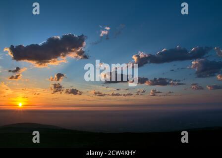 Dramatic sunset over the city of Dublin viewed from Fairy Castle, Two Rock Mountain, Dublin Mountains, Ireland Stock Photo