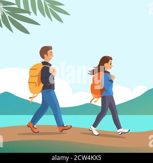 Family couple with backpacks in nature. Stock Vector