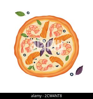 Cartoon Vector Illustration of Italian Seafood Pizza with fish and shrimp . Food Object Stock Vector