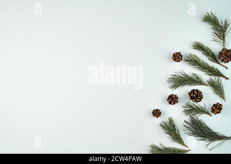 Christmas minimalistic background of pine branches and cones on a blue concrete background, top view. Stock Photo