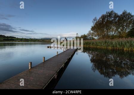 Little Hut and Pontoon at Llangorse Lake, Brecon Beacons, Wales Stock Photo