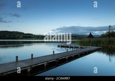 Little Hut and Pontoon at Llangorse Lake, Brecon Beacons, Wales Stock Photo