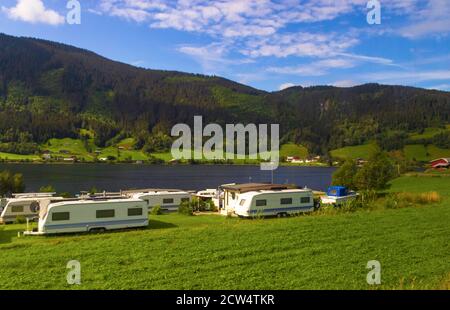 Sndre Svennes Camping Tyinvegen,Ulnes, Norway.6.5 km from Fagernes, along  E-16 and down to Strandefjorden,August 2019 Stock Photo - Alamy