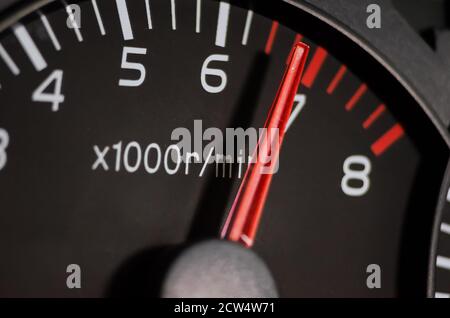 Close-up shot of the tachometer in the car. Car dashboard. Stock Photo