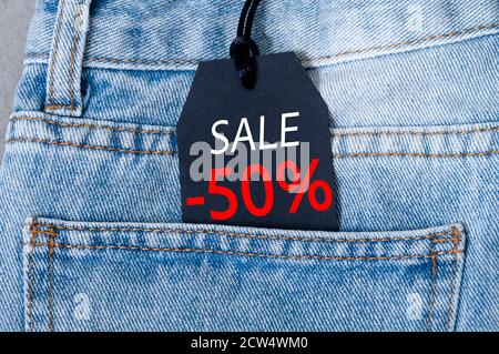Black Friday Concept. Mock-up Tag Jeans. Stock Photo