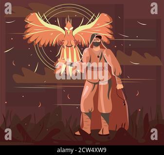 This is a phoenix character for the game. The hero has a legend. The picture is drawn in a flat style. Stock Vector