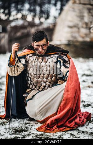 Angry medieval knight armor with a sword, black and white image Stock ...