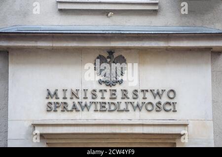 Warsaw, Poland - December 25 2018: A sign on the building of the Polish Ministry of Justice in Warsaw