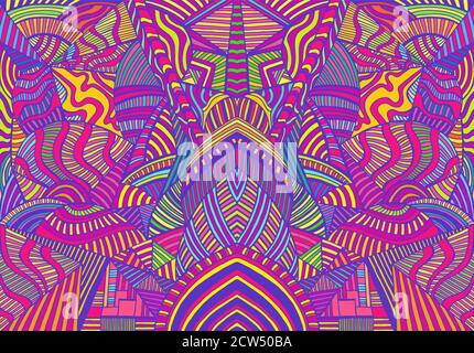 Bright psychedelic colorful background with many crazy geometric pattern. Stock Vector