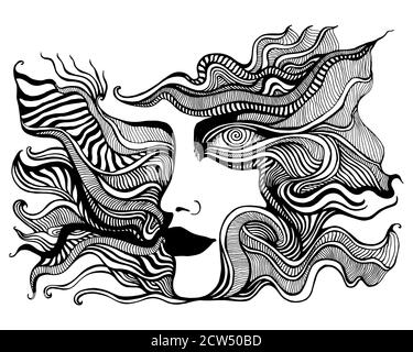 Black and white psychedelic face with spiral eye, of crazy patterns Coloring page Stock Vector