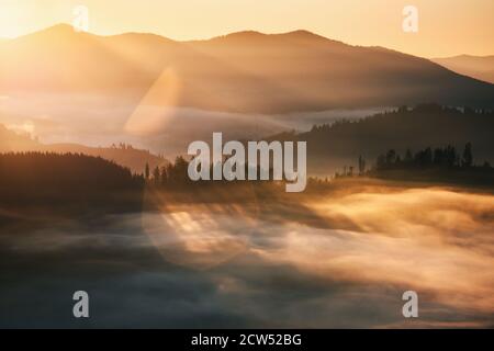 Mountains in fog at beautiful sunrise in autumn in Bucovinas,Romania. Landscape with valley, low clouds, trees on hills, orange sky with clouds. Stock Photo